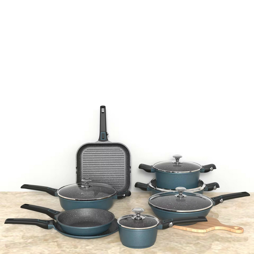 Leerpan Premium Ugnssäker 13 st Nonstick gjuten aluminium kokkärl Set med avtagbart handtag och lock