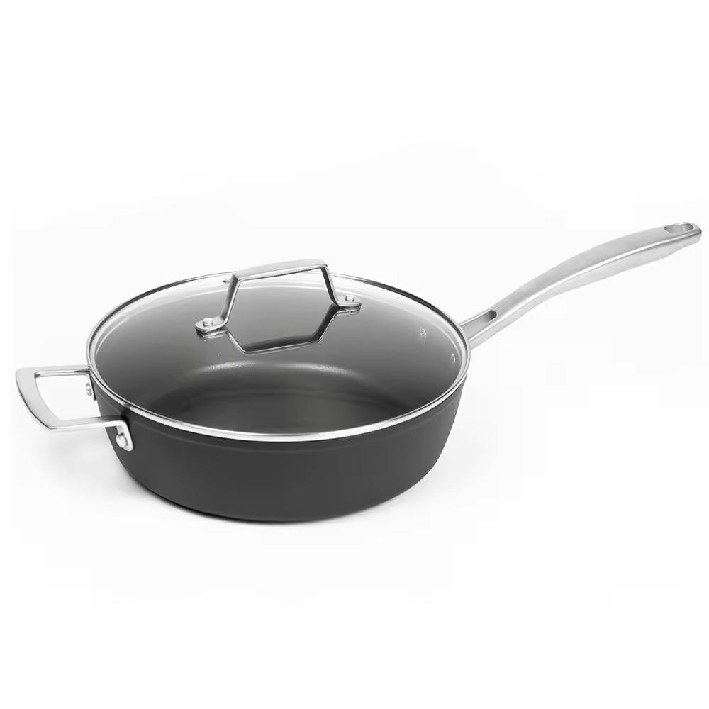 Ny design anpassad logotyp dubbelbelagd non-stick frityrpanna med glasskydd
